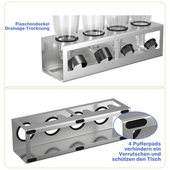 HOMMAND Flaschenhalter für SodaStream Crystal und Emil Flaschen, Edelstahl Flaschenhalter Abtropfgestell Abtropfständer für 4 Flaschen, mit Silikonschutzringe, Abtropfschale und Deckelhalter Silber