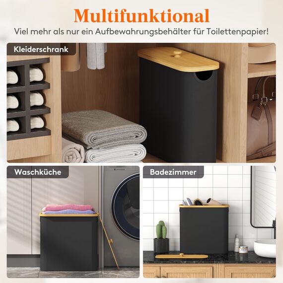Lifewit Toilettenpapier Aufbewahrungskorb, Bambus Badezimmer Organizer, Klopapier Aufbewahrungsschrank für Enge Räume, Toilet Paper Behälter mit Deckel, 30L，Dunkelschwarz