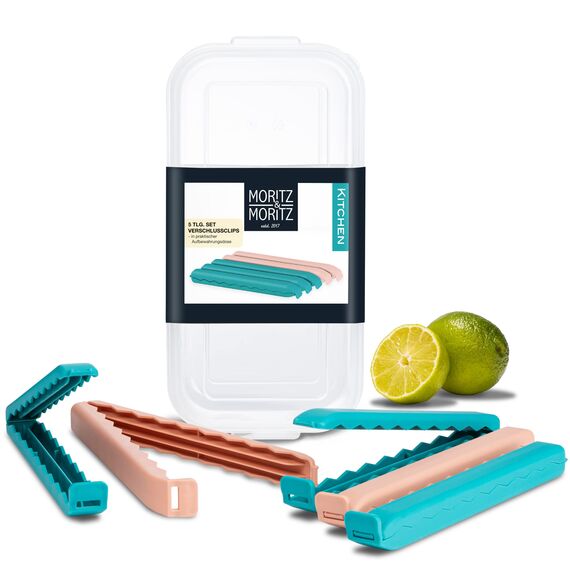 Moritz & Moritz 5X Verschlussclips groß 20 cm mit Aufbewahrungsbox bunt – Gefrierbeutel Clips zur Lebensmittelaufbewahrung –Tütenclips XXL in Klarsichtbox