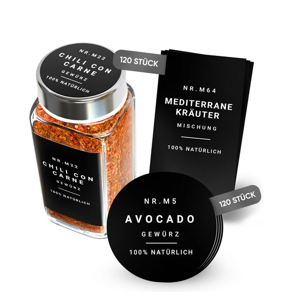 Etiketten für Gewürzmischung selbstklebend (240 Stück) - Aufkleber rund minimalistisch - wasserfest (Schwarz)