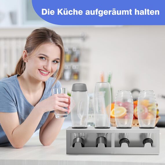 HOMMAND Flaschenhalter für SodaStream Crystal und Emil Flaschen, Edelstahl Flaschenhalter Abtropfgestell Abtropfständer für 4 Flaschen, mit Silikonschutzringe, Abtropfschale und Deckelhalter Silber