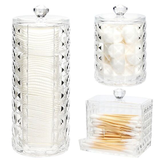 Hwtcjx 3 Stück Wattestäbchen Halter, Wattepad-Halter, Wattepads Aufbewahrung, Wattestäbchen Behälter mit Deckel, Wattepadspender, für Wohnzimmer, Schlafzimmer, Badezimmer (Transparent)