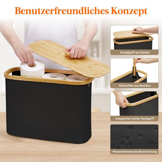 Lifewit Toilettenpapier Aufbewahrungskorb, Bambus Badezimmer Organizer, Klopapier Aufbewahrungsschrank für Enge Räume, Toilet Paper Behälter mit Deckel, 23L，Dunkelschwarz