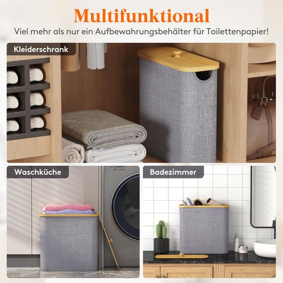 Lifewit Toilettenpapier Aufbewahrungskorb, Bambus Badezimmer Organizer, Klopapier Aufbewahrungsschrank für Enge Räume, Toilet Paper Behälter mit Deckel, 23L，Grau