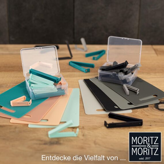 Moritz & Moritz 24 Verschlussclips – inkl. praktischer Box – Clips für Tüten – Tütenclips für Lebensmittelaufbewahrung – auch als Gefrierbeutel Clips geeignet