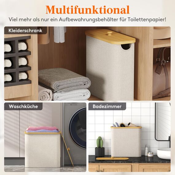 Lifewit Toilettenpapier Aufbewahrungskorb, Bambus Badezimmer Organizer, Klopapier Aufbewahrungsschrank für Enge Räume, Toilet Paper Behälter mit Deckel, 23L，Beige