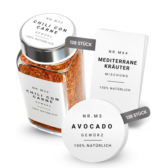 Etiketten für Gewürzmischung selbstklebend (240 Stück) - Aufkleber rund minimalistisch - wasserfest (Weiß)