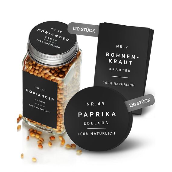 Homety® Gewürzetiketten selbstklebend (240 Stück) - Aufkleber rund minimalistisch - Gewürze Etiketten wasserfest - Vorratsetiketten (schwarz)