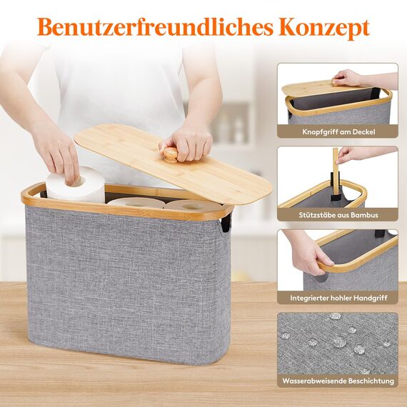 Lifewit Toilettenpapier Aufbewahrungskorb, Bambus Badezimmer Organizer, Klopapier Aufbewahrungsschrank für Enge Räume, Toilet Paper Behälter mit Deckel, 23L，Grau