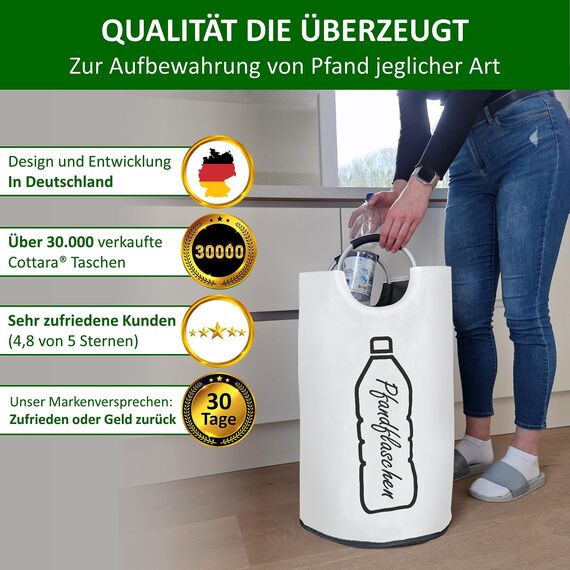 COTTARA® Original Pfandflaschen Sammelbehälter – Flaschensammler Leergut Behälter aus wasserabweisendem Material für Küche – Idealer Pfandbehälter zur Flaschenaufbewahrung – weiß 70L