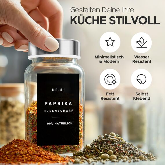 Homety® Gewürzetiketten selbstklebend (240 Stück) - Aufkleber rund minimalistisch - Gewürze Etiketten wasserfest - Vorratsetiketten (schwarz)