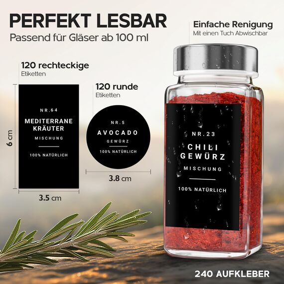 Homety® Gewürzetiketten selbstklebend (240 Stück) - Aufkleber rund minimalistisch - Gewürze Etiketten wasserfest - Vorratsetiketten (schwarz)