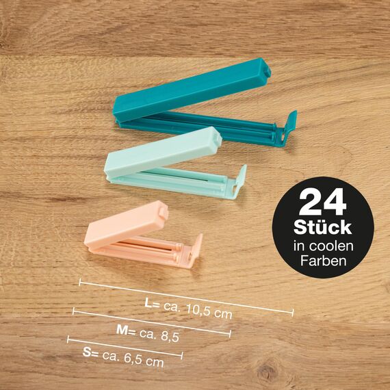 Moritz & Moritz 24 Verschlussclips – inkl. praktischer Box – Clips für Tüten – Tütenclips für Lebensmittelaufbewahrung – auch als Gefrierbeutel Clips geeignet