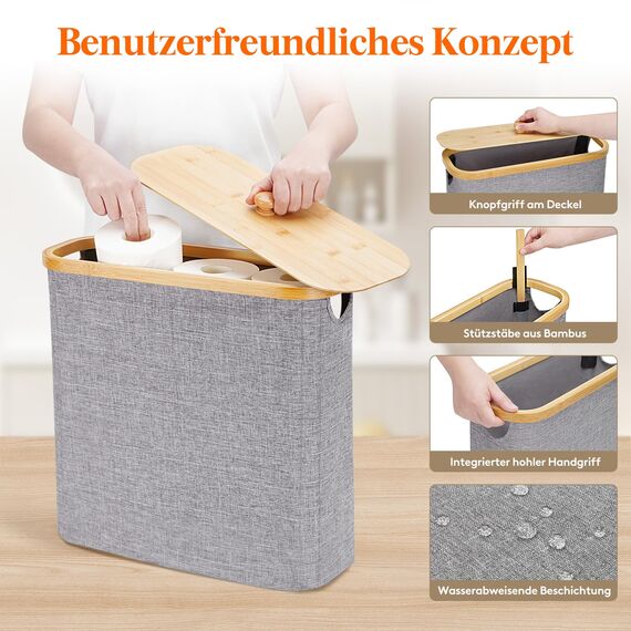 Lifewit Toilettenpapier Aufbewahrungskorb, Bambus Badezimmer Organizer, Klopapier Aufbewahrungsschrank für Enge Räume, Toilet Paper Behälter mit Deckel, 30L，Grau