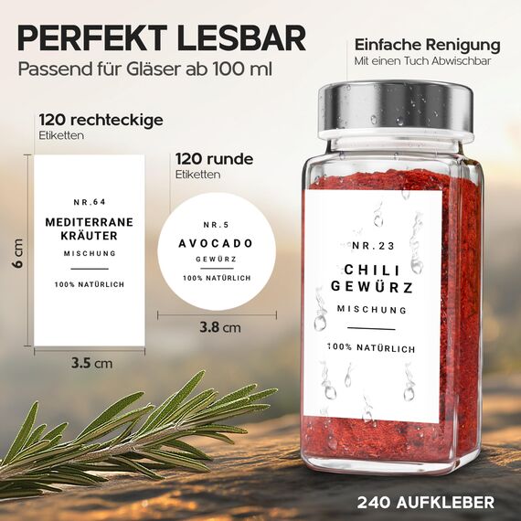 Homety® Gewürzetiketten selbstklebend (240 Stück) - Aufkleber rund minimalistisch - Gewürze Etiketten wasserfest - Vorratsetiketten (Weiß)