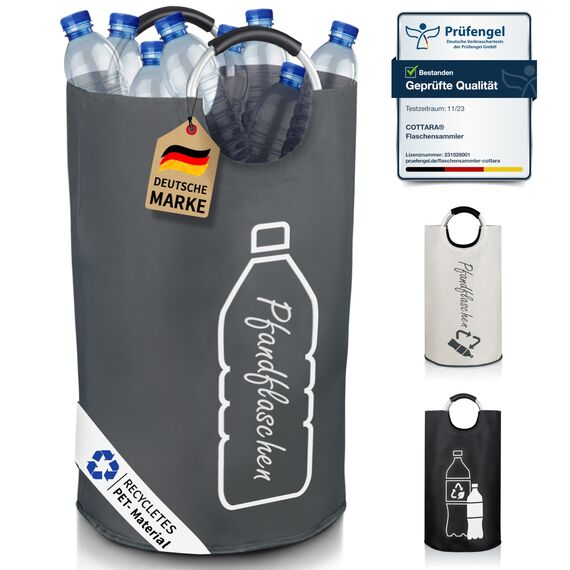 COTTARA® Original Pfandflaschen Sammelbehälter – Flaschensammler Leergut Behälter aus wasserabweisendem Material für Küche – Idealer Pfandbehälter zur Flaschenaufbewahrung – grau 70L