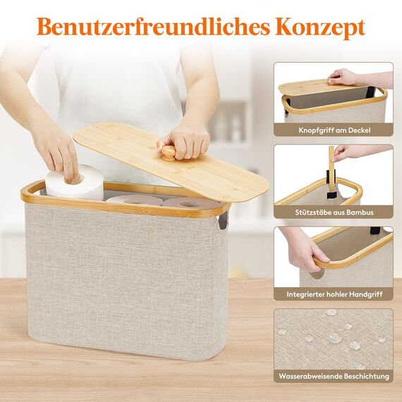 Lifewit Toilettenpapier Aufbewahrungskorb, Bambus Badezimmer Organizer, Klopapier Aufbewahrungsschrank für Enge Räume, Toilet Paper Behälter mit Deckel, 23L，Beige