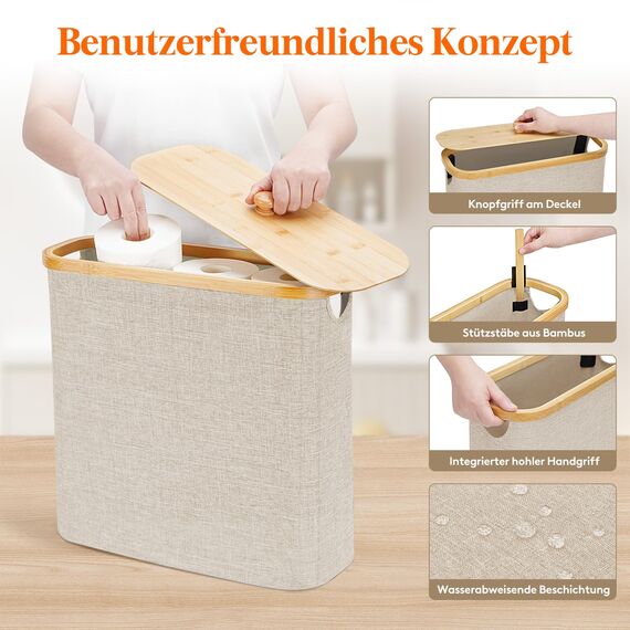 Lifewit Toilettenpapier Aufbewahrungskorb, Bambus Badezimmer Organizer, Klopapier Aufbewahrungsschrank für Enge Räume, Toilet Paper Behälter mit Deckel, 30L，Beige