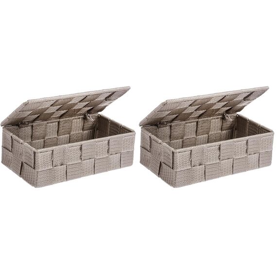 Wenko Aufbewahrungskorb mit Deckel Adria Taupe Mini - Aufbewahrungsbox, Badkorb mit Deckel, Polypropylen, 18 x 6.5 x 10 cm, Taupe (Packung mit 2)