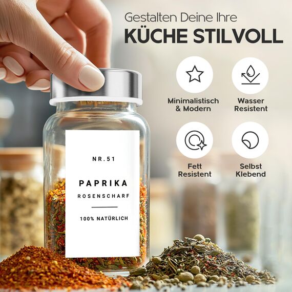 Homety® Gewürzetiketten selbstklebend (240 Stück) - Aufkleber rund minimalistisch - Gewürze Etiketten wasserfest - Vorratsetiketten (Weiß)