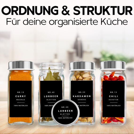 Etiketten für Gewürzmischung selbstklebend (240 Stück) - Aufkleber rund minimalistisch - wasserfest (Schwarz)