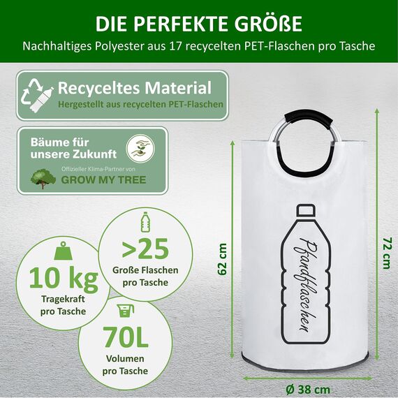 COTTARA® Original Pfandflaschen Sammelbehälter – Flaschensammler Leergut Behälter aus wasserabweisendem Material für Küche – Idealer Pfandbehälter zur Flaschenaufbewahrung – weiß 70L