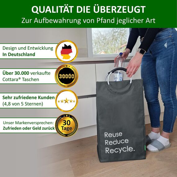 COTTARA® Pfandflaschen Sammelbehälter xxl – Pfandbehälter verschließbar aus recyceltem Material – Flaschensammler Leergut zur Flaschenaufbewahrung oder recycling Behälter – grau 75L