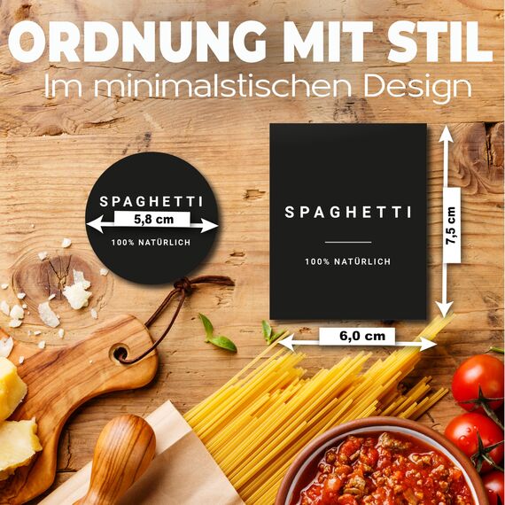 Vorratsetiketten Basis Set Schwarz - selbstklebend (72 Stück) - Aufkleber rund minimalistisch - wasserfest