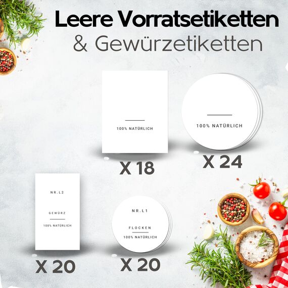 Homety® Blanko Gewürzetiketten SET 86 Stück- Weiß minimalistisch - Aufkleber Gewürze Etiketten Selbstklebend - zum selbst beschreiben - Wasserfest - Blanko - Weiß)
