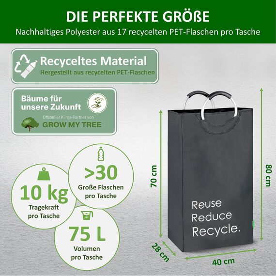 COTTARA® Pfandflaschen Sammelbehälter xxl – Pfandbehälter verschließbar aus recyceltem Material – Flaschensammler Leergut zur Flaschenaufbewahrung oder recycling Behälter – grau 75L
