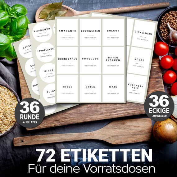 Vorratsetiketten - Basis Set Weiss - selbstklebend (72 Stück) - Aufkleber rund, rechteckig - minimalistisch wasserfest