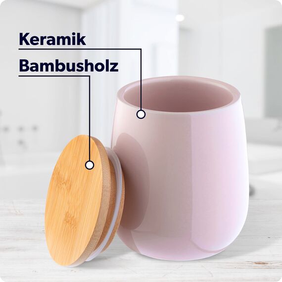 KADAX Kosmetikdose, Aufbewahrungsdose aus Keramik, Wattedose mit Deckel aus Bambus, Wattepadhalter, Vorratsdose, Wattebehälter, Universaldose für Badezimmer, Wattepads, rund (rosa)