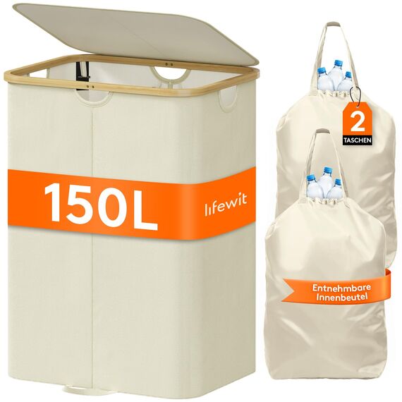 Lifewit 150L Pfandflaschen Sammelbehälter 2 fächer mit Deckel, Groß Pfandflaschen Behälter 2 Tragetasche für ErhaltenFlaschensammler eignet Sich für Küche, Küche Abstellraum Flaschentasche, Beige