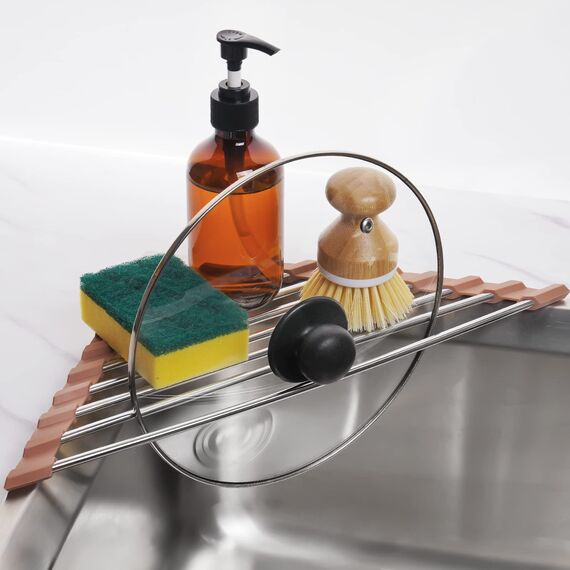 Tomorotec Dreieckiges aufrollbares Abtropfgestell für Spüle, Ecke, klein, faltbar, Edelstahl, über der Spüle, Mehrzweck-Küchenabtropfgestell, Caddy, Untersetzer, rostfrei, platzsparendes Regal