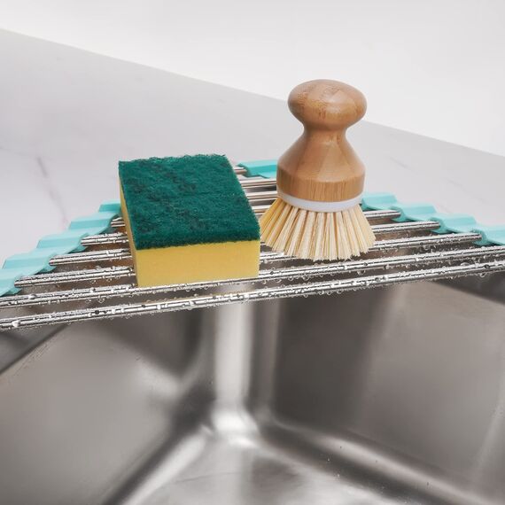 Tomorotec Dreieckiges aufrollbares Abtropfgestell für Spüle, Ecke, klein, faltbar, Edelstahl über der Spüle, Mehrzweck-Küchenabtropfgestell, Caddy, Aufbewahrung, platzsparendes Regal
