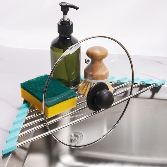 Tomorotec Dreieckiges aufrollbares Abtropfgestell für Spüle, Ecke, klein, faltbar, Edelstahl über der Spüle, Mehrzweck-Küchenabtropfgestell, Caddy, Aufbewahrung, platzsparendes Regal