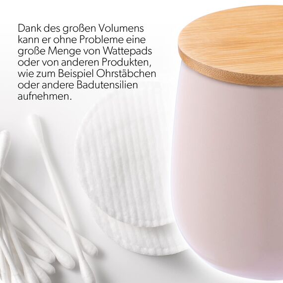 KADAX Kosmetikdose, Aufbewahrungsdose aus Keramik, Wattedose mit Deckel aus Bambus, Wattepadhalter, Vorratsdose, Wattebehälter, Universaldose für Badezimmer, Wattepads, rund (rosa)