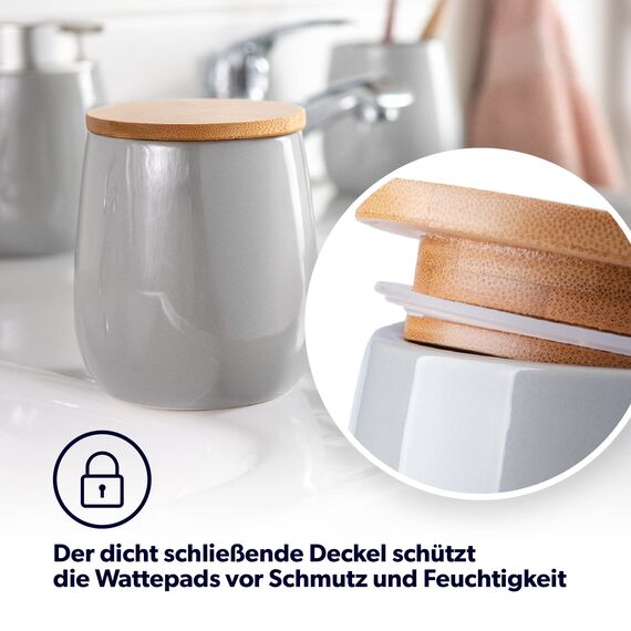 KADAX Kosmetikdose, Aufbewahrungsdose aus Keramik, Wattedose mit Deckel aus Bambus, Wattepadhalter, Vorratsdose, Wattebehälter, Universaldose für Badezimmer, Wattepads, rund (grau)