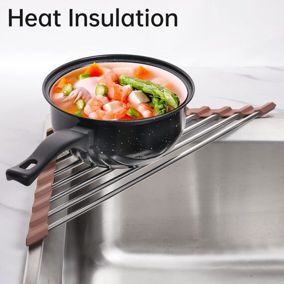 Tomorotec Dreieckiges aufrollbares Abtropfgestell für Spüle, Ecke, klein, faltbar, Edelstahl, über der Spüle, Mehrzweck-Küchenabtropfgestell, Caddy, Untersetzer, rostfrei, platzsparendes Regal