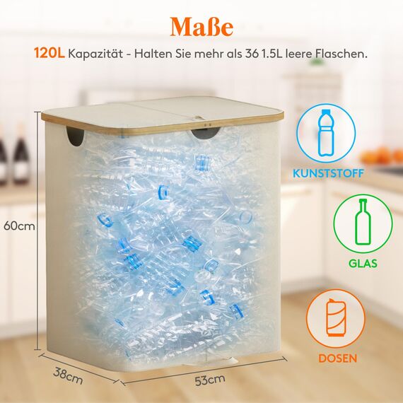 Lifewit 120L Pfandflaschen Sammelbehälter 2 fächer mit Deckel, Groß Pfandflaschen Behälter 2 Tragetasche für ErhaltenFlaschensammler eignet Sich für Küche, Küche Abstellraum Flaschentasche, Beige