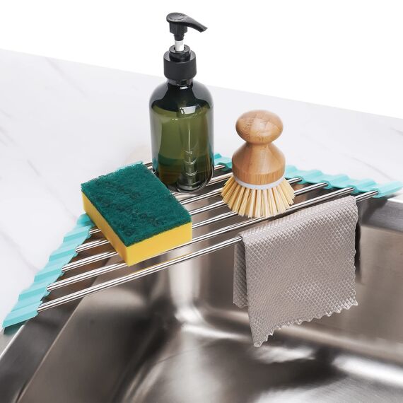 Tomorotec Dreieckiges aufrollbares Abtropfgestell für Spüle, Ecke, klein, faltbar, Edelstahl über der Spüle, Mehrzweck-Küchenabtropfgestell, Caddy, Aufbewahrung, platzsparendes Regal