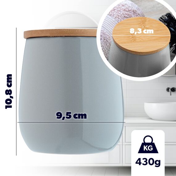 KADAX Kosmetikdose, Aufbewahrungsdose aus Keramik, Wattedose mit Deckel aus Bambus, Wattepadhalter, Vorratsdose, Wattebehälter, Universaldose für Badezimmer, Wattepads, rund (grau)