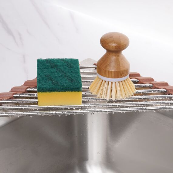 Tomorotec Dreieckiges aufrollbares Abtropfgestell für Spüle, Ecke, klein, faltbar, Edelstahl, über der Spüle, Mehrzweck-Küchenabtropfgestell, Caddy, Untersetzer, rostfrei, platzsparendes Regal