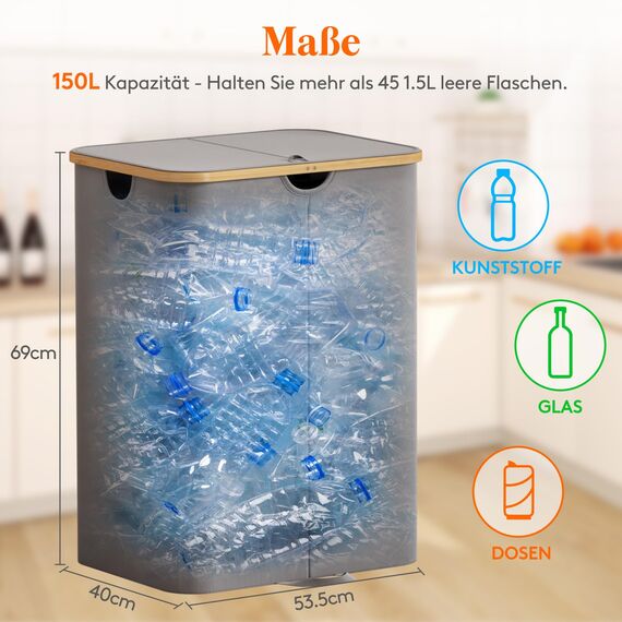 Lifewit 150L Pfandflaschen Sammelbehälter 2 fächer mit Deckel, Groß Pfandflaschen Behälter 2 Tragetasche für ErhaltenFlaschensammler eignet Sich für Küche, Küche Abstellraum Flaschentasche, Grau