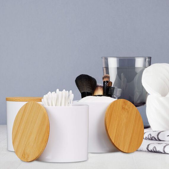 Relaxdays Wattestäbchen Aufbewahrung im 3er Set, Wattepadhalter, mit Deckel, pflegeleicht, Acryl & Bambus, Natur-weiß 10026558_873
