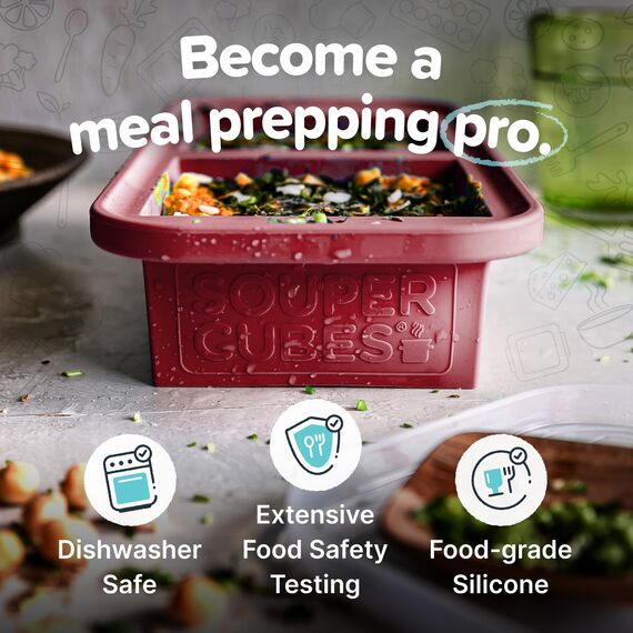 Souper Cubes Silikonform für 2 Tassen mit Deckel – einfache Mahlzeiten-Vorbereitungsbehälter und Küchenaufbewahrungslösung – Silikonform für Suppe und Lebensmittelaufbewahrung – Cranberry – 2er-Pack
