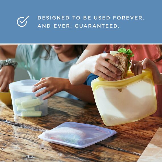 Stasher Bag Premium Silikonbeutel wiederverwendbar für Lebensmittel, 2er-Pack, Klar + Blau | Vielseitige Lebensmittelbeutel, Lunch-Tasche, Reisekontainer, Auslauf & Spülmaschinensicher, 355ml