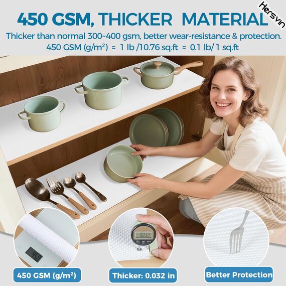 Hersvin Regaleinlagen, 61 cm x 6 m, Küchenschubladenmatten, Nicht klebender Eva-Schrankschutz, Schrankauskleidung (weiße Punkte)