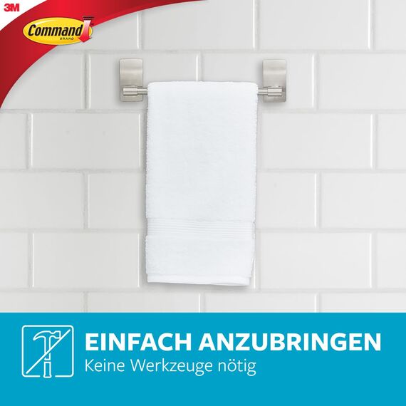 Command Handtuchhalter für Badezimmer, Satin Nickel - 1 Handtuchhalter + 4 Wasserfeste Streifen - Organisieren ohne Löcher und Bohren - Haltekraft bis zu 1,3 kg