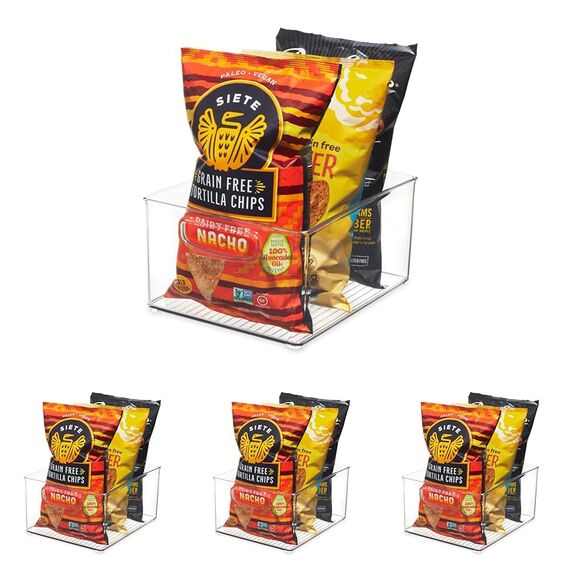 iDesign,63898,Aufbewahrungsbox AA8für dieKüche, großer &tiefer Küchen Organizer aus Kunststoff,offene Kühlschrankbox mit Griffen, durchsichtig, 25,5 cm x 20,25 cm x 12,75 cm (Packung mit 4)